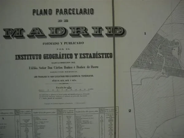 PLANO PARCELARIO DE MADRID FORMADO Y PUBLICADO POR EL INSTITUTO GEOGRÁFICO Y ESTADÍSTICO BAJO LA DIRECCIÓN DEL EXCMO. SEÑOR DON CARLOS IBAÑEZ E IBAÑEZ DE IBERO