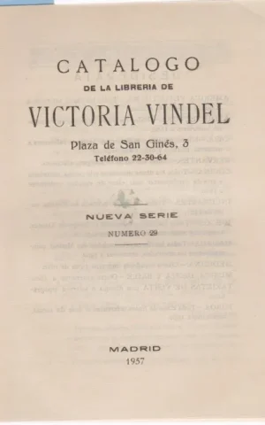 CATÁLOGO DE LA LIBRERÍA DE VICTORIA VINDEL. NÚMERO 29