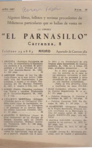ALGUNOS LIBROS, FOLLETOS Y REVISTAS PROCEDENTES DE BIBLIOTECAS PARTICULARES QUE SE HALLAN DE VENTA EN LA LIBRERIA EL PARNASILLO. AÑO 1957. NÚM. 16